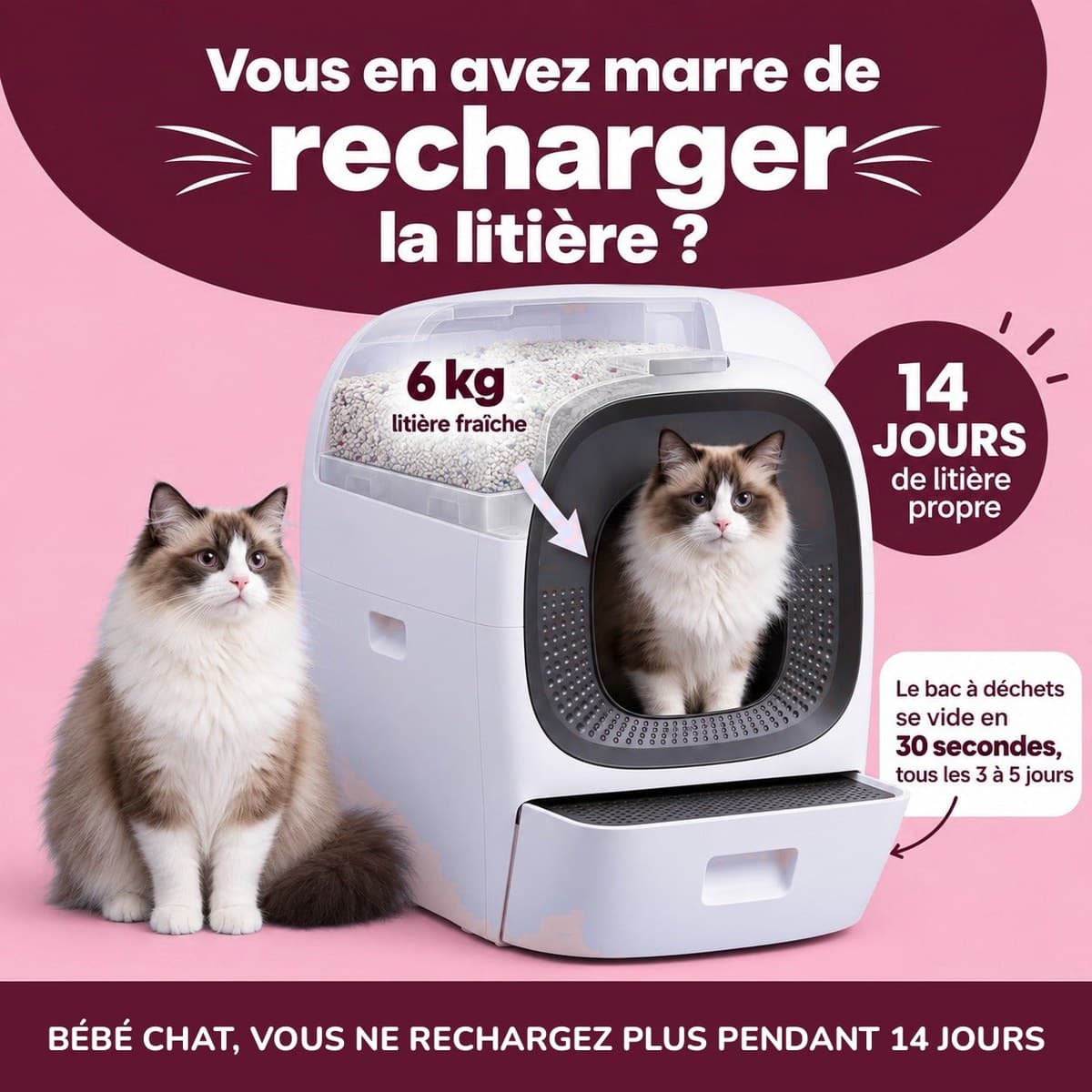 Litière automatique autonettoyante et auto-remplissante 80 L